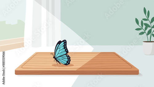 A bright blue butterfly rests on a wooden cutting board indoors