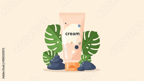 A cream tube with Monstera leaves and spa stones