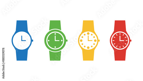 A colorful illustration of four watches in different colors and styles