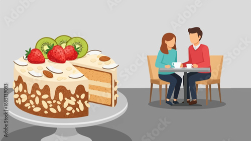A couple enjoys coffee at a cafe next to a beautifully decorated cake