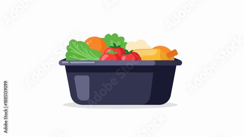 A dark bowl filled with colorful fruits and vegetables on a white background