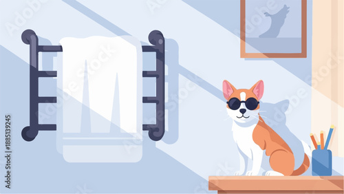 A cat with sunglasses sits indoors next to a towel rack and artwork