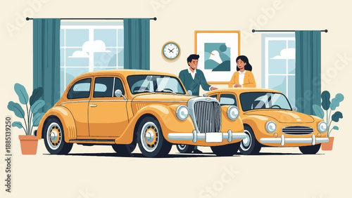 A couple proudly stands beside two vintage yellow cars in a room