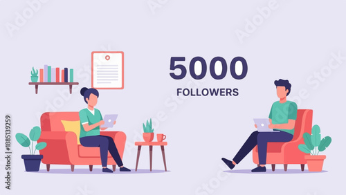 A celebratory graphic announces 5000 followers with people using laptops