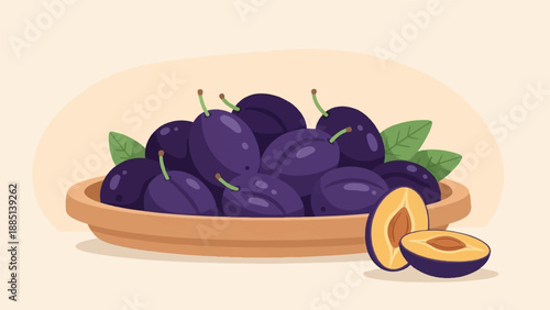 A bowl of ripe purple plums with a halved plum showing its pit