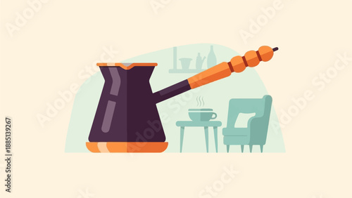 A cezve with hot coffee beside an armchair and small table