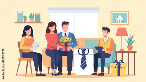 A family celebrates a special occasion with gifts and flowers indoors