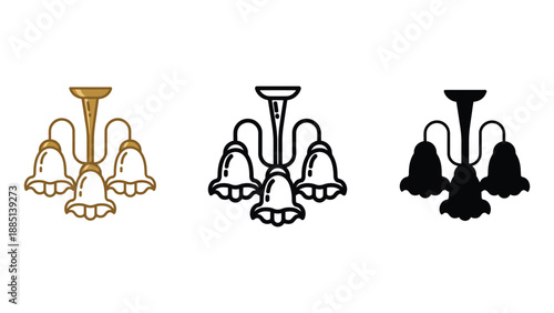 A set of three chandelier illustrations in different colors and styles