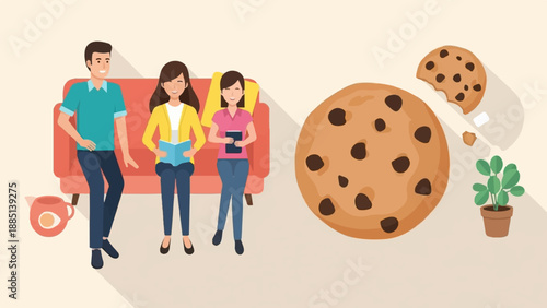 A family enjoying a relaxing afternoon with cookies and books