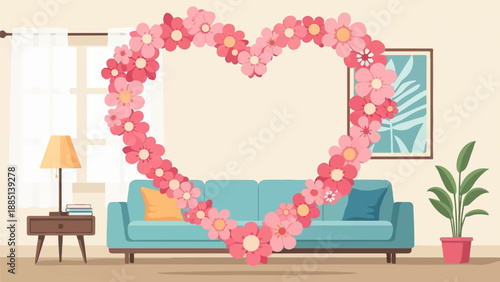 A floral heart adorns a cozy living room with a couch and lamp