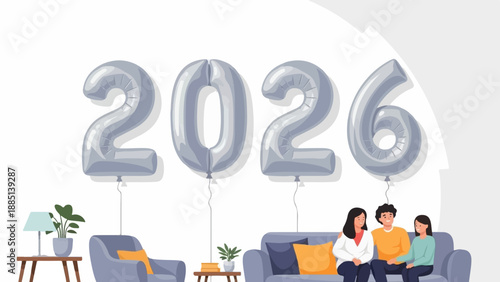 A family celebrates the year 2026 with silver balloons in a cozy living room