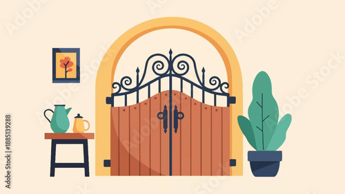 A charming arched entryway with decorative iron gates and a quaint vignette