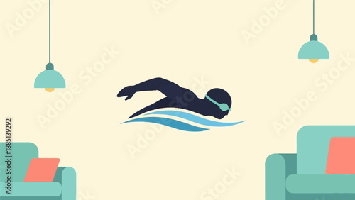 A dark silhouette of a swimmer glides through stylized waves in a room
