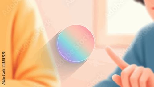A close-up of two people interacting with a colorful circular element