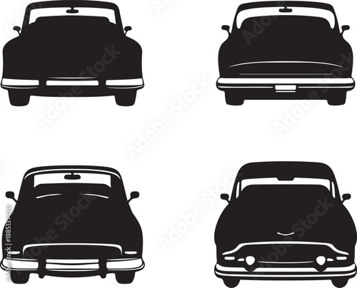 Collection of Cars Front Silhouettes Design with Classic Automobiles in Black and White Ideal for Automotive Projects on Transparent Background