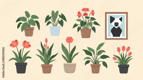 A charming collection of potted plants and a framed animal portrait