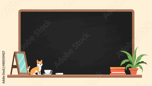 A curious dog sits by a blackboard with a mirror, books, coffee, chalk, and a plant