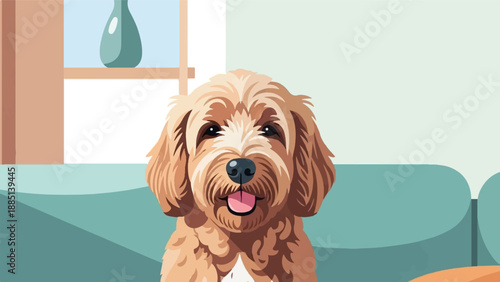 A fluffy golden-brown dog with a black nose and pink tongue sits indoors