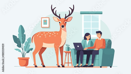 A deer stands in a room with a couple on a sofa using a laptop