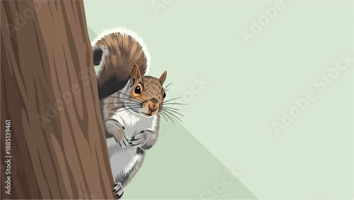 A curious squirrel peeks from behind a tree trunk