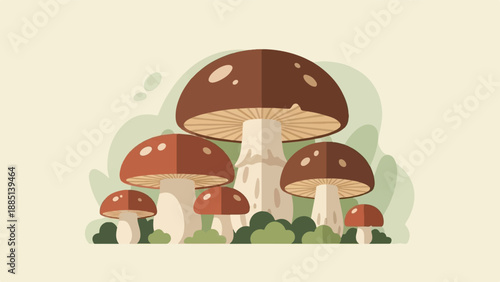 A cluster of whimsical, stylized mushrooms in muted earth tones against a soft background