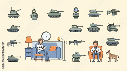 A collage of military vehicles, robots, people, and a dog