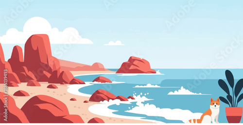 A charming dog sits by a potted plant with a scenic rocky beach and ocean backdrop