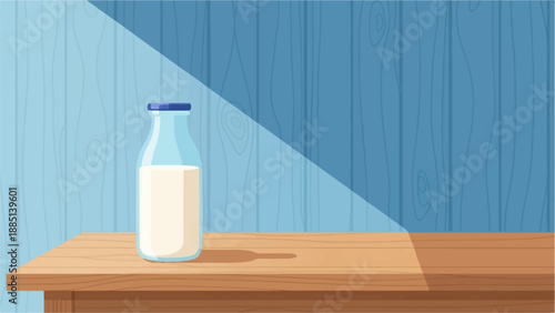 A bottle of milk sits on a wooden table against a blue wall