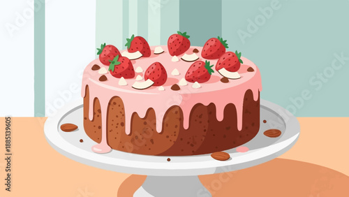 A delicious chocolate cake topped with strawberries and pink icing sits on a pedestal