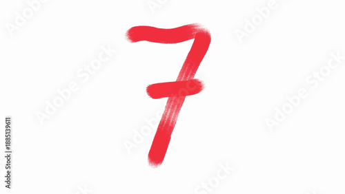 A bold red number seven painted with a brush on a white background