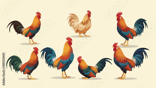 A collection of seven colorful roosters standing on a light beige background