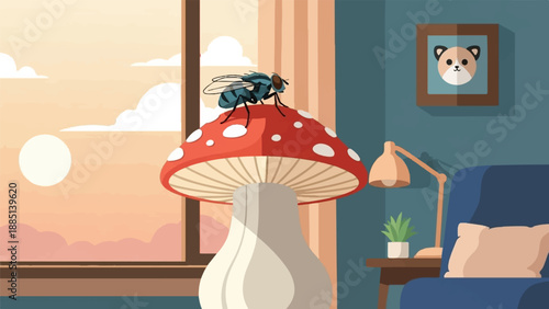A fly perches on a red-and-white mushroom indoors next to a window
