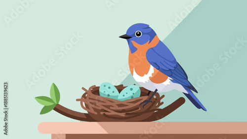A bluebird sits protectively on a nest with two speckled blue eggs