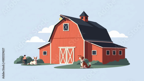 A charming red barn with a man and two dogs under a bright sky