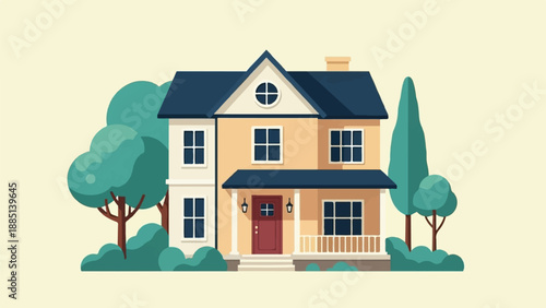 A charming, two-story house with a dark blue roof, surrounded by lush green trees