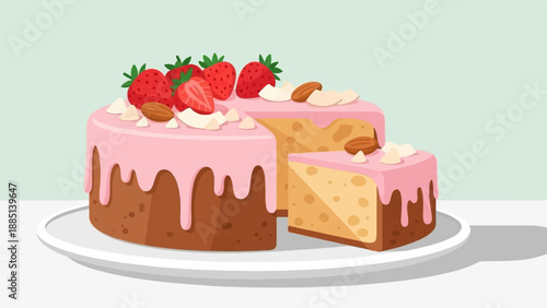A delicious strawberry and almond cake with pink frosting, on a white plate