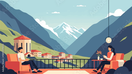 A couple relaxes on a balcony overlooking a mountain village