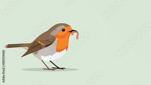 A charming robin bird with an earthworm in its beak on a light green background
