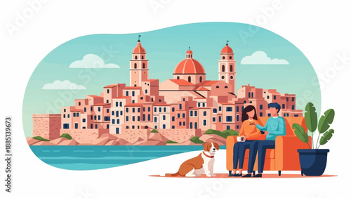 A couple relaxes on a couch with their dog, overlooking a coastal town