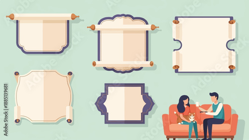 A couple relaxes on a couch with a dog while decorative scrolls hang above