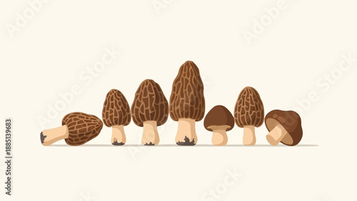 A collection of various mushrooms, including morels and other varieties, displayed in a line