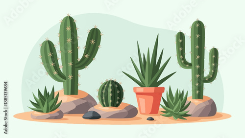 A collection of various green succulents and cacti in a desert landscape