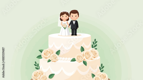 A charming wedding cake topper featuring a bride and groom on a layered cake
