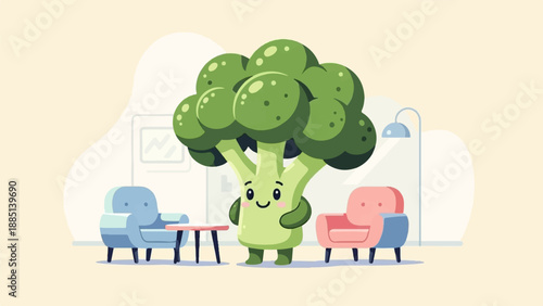 A cute broccoli character stands between two armchairs in a room