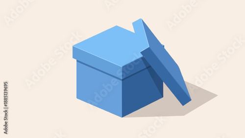 A blue, open square gift box casts a soft shadow on a light cream surface