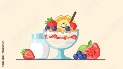 A colorful and healthy fruit and yogurt parfait with fresh berries