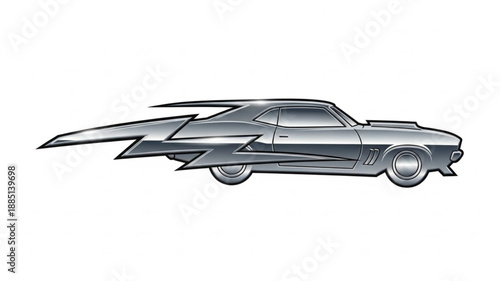 Vintage Silver Muscle Car with Lightning Bolt Fins.