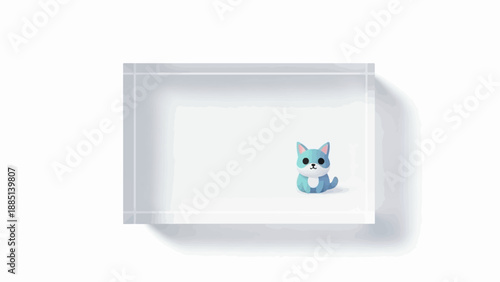 A cute, blue, pixelated cat sits in a clear, rectangular, light-lit container