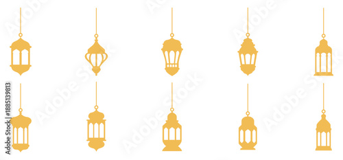 Set of hanging golden Islamic lanterns. Collection of flat vector Arabic fanoos lamps for Ramadan and Eid decoration