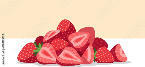 A colorful pile of sliced and whole strawberries against a pale peach background
